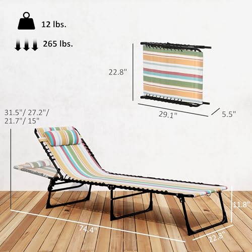 Outsunny Folding Chaise Lounge Chair, Patio Sun Tanning Chair, Outdoor Chaise Lounger with 4-Position Reclining Back, Breathable Mesh Seat for Beach, Poolside, Yard, Rainbow Striped