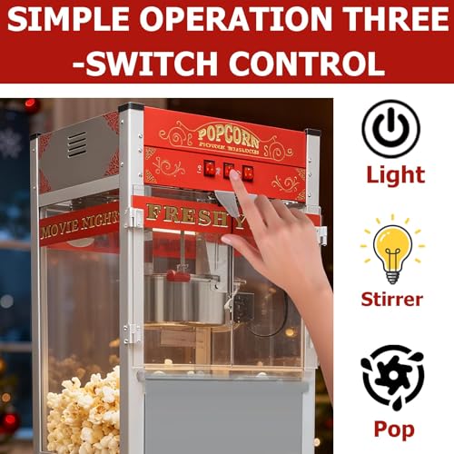Commercial Popcorn Machine 32OZ with Cart - Stainless Steel Kettle Popper with Wheels, Warming Deck & Tempered Glass, for Business, School, Corporate, Institutional, Theater, Home Use, Red