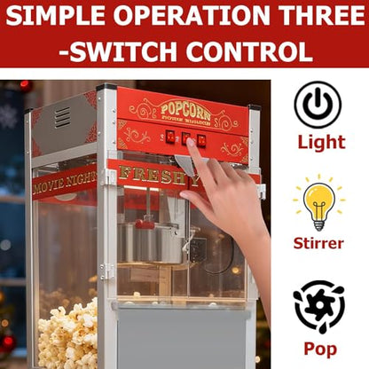 Commercial Popcorn Machine 32OZ with Cart - Stainless Steel Kettle Popper with Wheels, Warming Deck & Tempered Glass, for Business, School, Corporate, Institutional, Theater, Home Use, Red
