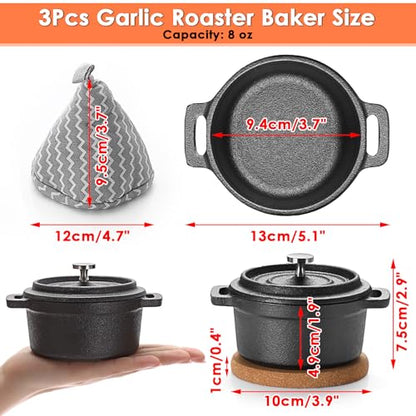 BSTKEY Mini Cocotte Set, 3 Pcs Mini Dutch Oven with Lids and Handles, Cast Iron Garlic Roaster with Cork Pan Mat, Stovetop, Oven Safe (8 oz)