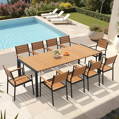 Crestlive Products 11-Piece Outdoor Dining Set, Aluminum 95" Rectangular Table and Stackable Chairs with Umbrella Hole and Arm All-Weather WPC Patio Furniture for 10 for Garden Patio Backyard (Brown)