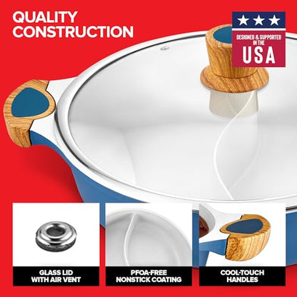 Nonstick Hot Pot with Divider, Blue Shabu Shabu with Silicone Spoons, Divided Cooker for Two Broths, Compatible with Induction, Gas Stove, or Grill