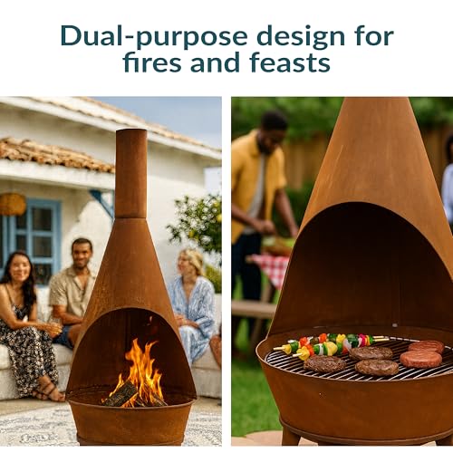 Sunnydaze Large Chiminea Outdoor Fireplace - Outdoor Wood-Burning Fireplace - Chimney Fire Pit with Grill Grate - Rustic - 75" H