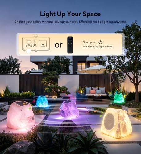 Upgraded Outdoor Rock Speaker 60W Deep Bass Multi-Sync up to 100Pcs, Remote Control, IPX7 Waterproof Solar-Powered with LED Lights Perfect for Pool, Garden, Patio, Ideal for Music Lovers - 2 Packs