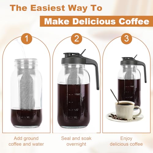 Cold Brew Coffee Maker,64 oz Mason Jar Pitcher with Stainless Steel Filter, Pour Spout Handle Lid, Heavy Duty Glass Airtight & Leak-Proof for Iced Coffee,Tea & Lemonade