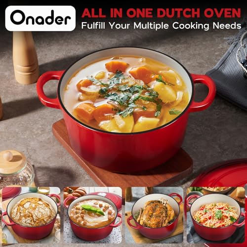 3QT Dutch Oven Pot with Lid, Onader Enameled Cast Iron Small Dutch Oven for Bread Sourdough Baking, Heavy Duty - Red