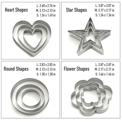 Stainless Steel Cookie Cutters Set 12Pcs - Heart, Flower, Round, Five Star Shapes - Small to Mini Size, Metal Biscuit Cutter Molds for Baking or Holiday Party Decorations