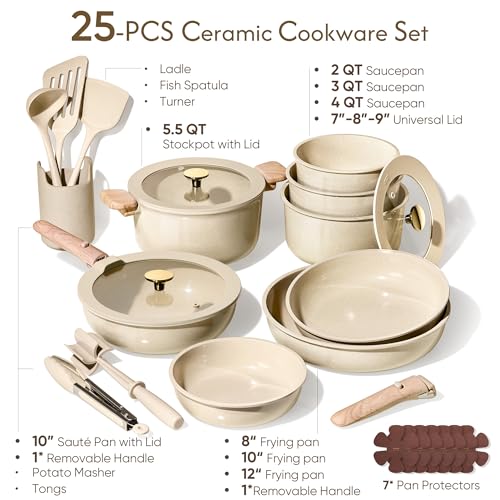 CAROTE 25PCS Ceramic Cookware Set, Pots and Pans set Non Stick, RV Kitchen Cooking Set Removable Handles, Oven Safe, Induction Cookware, Non-toxic Kitchen Cooking Set, PFAS and PFOA Free