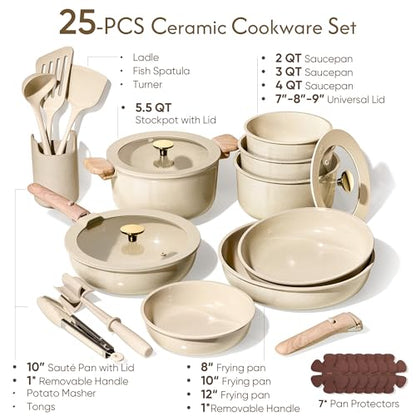 CAROTE 25PCS Ceramic Cookware Set, Pots and Pans set Non Stick, RV Kitchen Cooking Set Removable Handles, Oven Safe, Induction Cookware, Non-toxic Kitchen Cooking Set, PFAS and PFOA Free