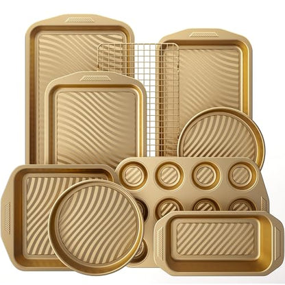 HONGBAKE 9-Piece Nonstick Bakeware Set, Wave Texture for Easy Release, 0.8mm Thick Non-Toxic Baking Pans Set, Includes Stackable Cookie Sheets, Antique Gold