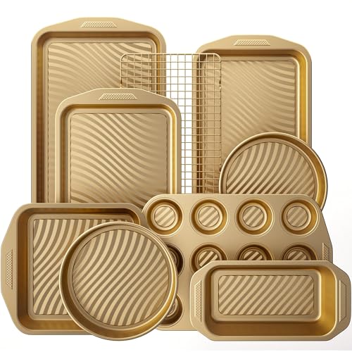 HONGBAKE 9-Piece Nonstick Bakeware Set, Wave Texture for Easy Release, 0.8mm Thick Non-Toxic Baking Pans Set, Includes Stackable Cookie Sheets, Antique Gold