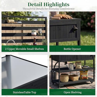 Eailaveo 41.7'' Large Patio Rolling Kitchen Island,Solid Wood Kitchen Cart with Sink,Garden Potting Bench with Stainless Table Top,2 Movable Shelves and 1 Bottle Opener (Black-RK)