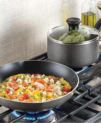 T-fal Initiatives Nonstick Cookware Set 18 Piece, Oven Broiler Safe 350F, Kitchen Cooking Set w/Fry Pans, Saucepans, Stockpots, Skillet, Spoons, Lids Pots and Pans Set, Dishwasher Safe, Stone Grey
