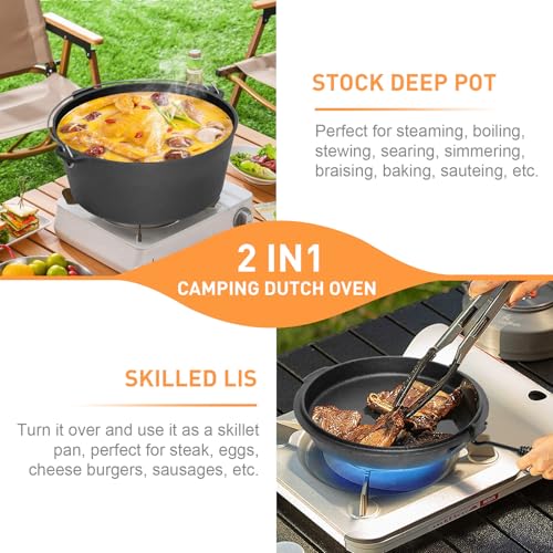 Camping Dutch Oven, 9 Qt Pre-Seasoned Cast Iron Camp Dutch Oven Pot with Lid - Lid Lifter, Cast Iron Dutch Oven with Metal Handle for Cooking BBQ Baking Campfire Modern Black