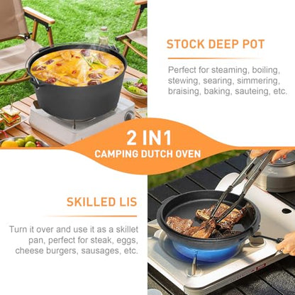 Camping Dutch Oven, 9 Qt Pre-Seasoned Cast Iron Camp Dutch Oven Pot with Lid - Lid Lifter, Cast Iron Dutch Oven with Metal Handle for Cooking BBQ Baking Campfire Modern Black