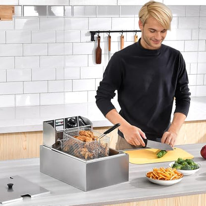Commercial Deep Fryer with Baskets, 1700W 9.7QT/9.1L Thickened Stainless Steel Countertop Electric Oil Fryer, Large Capacity with Temperature Control (6L)