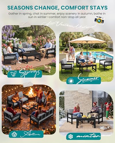 SERWALL HDPE Outdoor Loveseat with Cushion, Outdoor Sectional Furniture Set