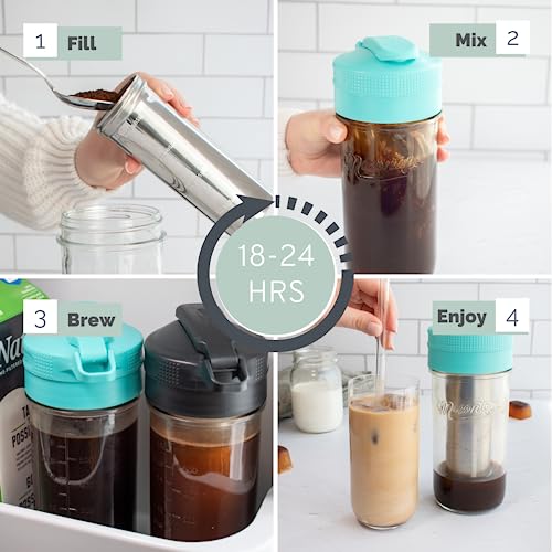 Masontops Cold Brew Makers Kit - Deluxe Iced Coffee Maker with Glass Pitcher & Stainless Steel Mesh Filter - Easy Pour Fridge Cold Brewer System