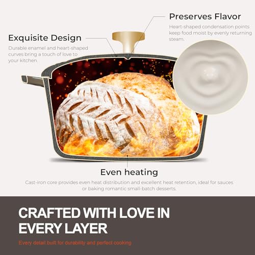 Overmont Enameled Cast Iron Dutch Oven - Heart-Shaped Pot with Lid Cookbook & Cotton Pot Holders - Mini Cookware Oven Safe to 500°F for Sourdough Baking Soups Stews - Great Gift for Wedding Birthday Housewarming 2QT White