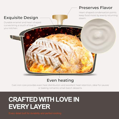 Overmont Enameled Cast Iron Dutch Oven - Heart-Shaped Pot with Lid Cookbook & Cotton Pot Holders - Mini Cookware Oven Safe to 500°F for Sourdough Baking Soups Stews - Great Gift for Wedding Birthday Housewarming 2QT White