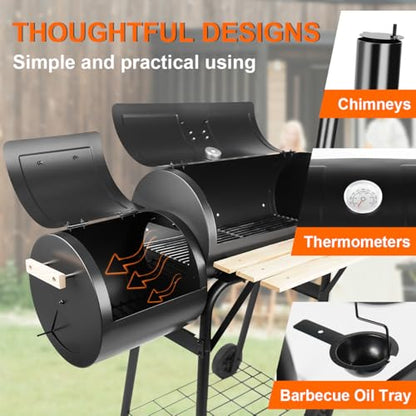 HALNYHYFD Charcoal Grills with Offset Smoker & Thermometer, Barrel BBQ Grill & Smoker Combo, Spacious Barbecue Grill for Outdoor Backyard Camping Parties