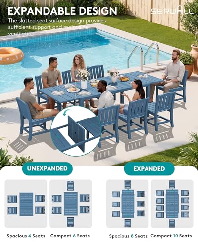 SERWALL 10-Piece Patio Dining Sets with 15FT Patio Umbrella, 60" - 83" Expandable Outdoor Dining Table and 8 HDPE Chairs, All Weather HDPE Outdoor Furniture Set, Blue (Umbreall Base not Included)
