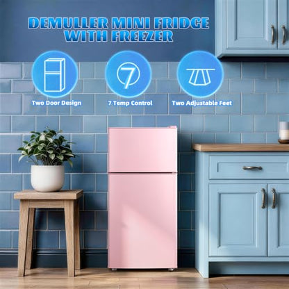 DEMULLER 45L Personal Double‑Door Mini Fridge With Freezer, Pink