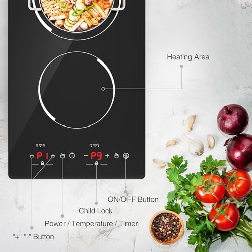 GIHETKUT Double Induction Cooktop,110V 2 Burner Induction Cooktop,2300W Electric Stove Top with Independent Control, Ultrathin Body, 9 Temperature, Multiple Power Levels, 2 Hour Timer, Safety Lock