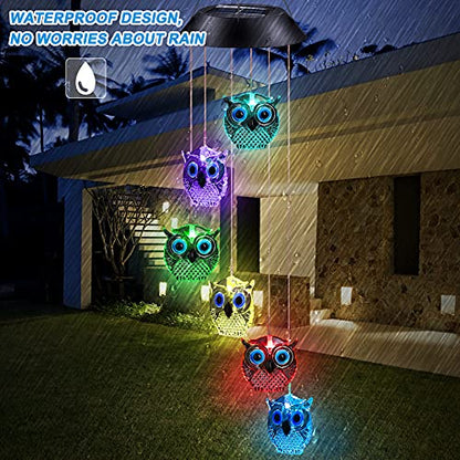 Solar Wind Chimes, Owl LED Solar Powered Wind Chimes Lamp Color Changing Waterproof Garden Chimes with Hook for Outdoor Indoor Patio Yard Deck Grandma Mom