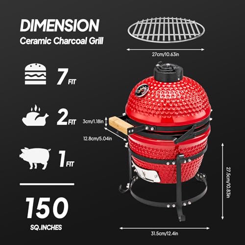 ROVSUN 13IN Red Spherical Ceramic Charcoal Grill with Inner Liner, Portable BBQ Smoker for Outdoor Cooking, Camping, and Backyard Grilling