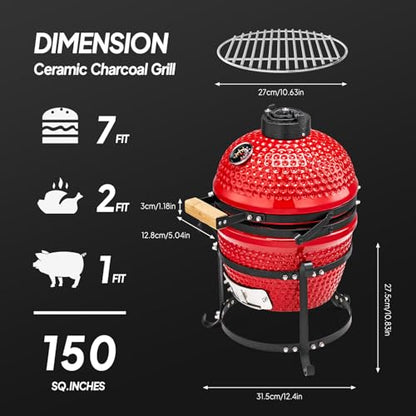 ROVSUN 13IN Red Spherical Ceramic Charcoal Grill with Inner Liner, Portable BBQ Smoker for Outdoor Cooking, Camping, and Backyard Grilling
