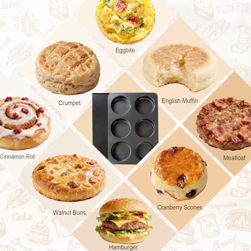 Elesinsoz 6 Cup Straight Side Jumbo English Muffin Cupcake Pan with Lid, Nonstick Hamburger Burger Bun Mold Muffin Pan for Baking Egg Sandwich Frittata Cinnamon Roll Focaccia Quiche Pancake