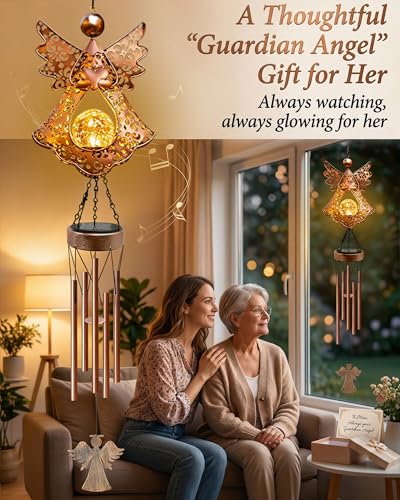 Supdeco Solar Angel Wind Chimes for Outside: Melodious Mother's Day Birthday Gifts for Mom Women Grandma Her Wife - Weatherproof Metal Outdoor Decor Easy Hanging for Garden Patio Tree Window Memorial