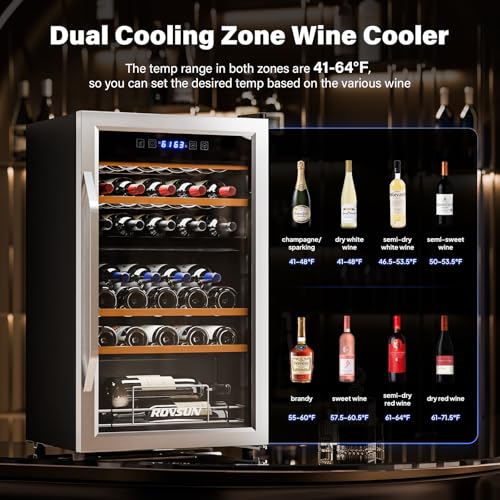 ROVSUN 33 Bottle Wine Fridge, Dual Zone Wine and Beverage Refrigerator with Independent Temp & LED Control Panel, Freestanding Wine Cooler Chiller for Red White Wine, Champagne, Beer