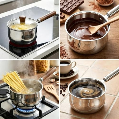 GREATLINK Small Sauce Pan with Lid and Wooden Handle for Cooking - 1 Quart Stainless Steel Saucepan with Pour Spout for Heating Milk, Melting Chocolate, Warming Sauces - Small Pot for All Cooktop