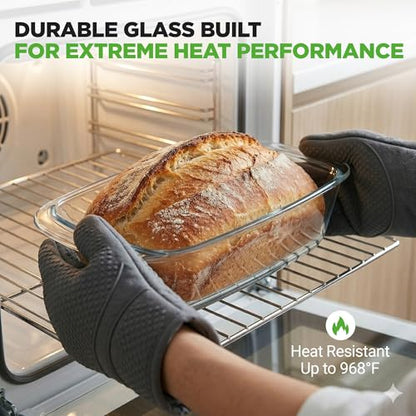 NutriChef 4 Piece Glass Loaf Pan Set with Lids - Stackable 1.9 QT/62oz Glass Bread Baking Dishes - 2 Food Storage Containers + 2 Airtight Lids, Oven & Microwave Safe, Dishwasher Safe - Clear