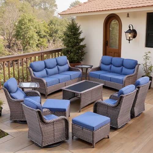 Belord Luxury 6" Thick Cushioned 11 Pieces Patio Furniture Set with Outdoor Couch, Wicker Outdoor Conversation Set with High Back Swivel Rocker Chairs for Deck Porch Yard and Poolside - Brown+Blue