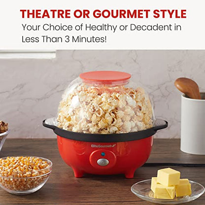 Elite Gourmet EPM330R Automatic Stirring Ceramic Nonstick 12-cup Popcorn Maker, Hot Oil Popcorn Machine w/Measuring Cap & Built-in Reversible Serving Bowl, Great for Home Party, ETL Approved, Red