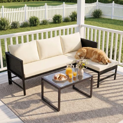 HOMEZILLIONS 3 Pieces Wicker L-Shaped Outdoor Sectional – Patio Couch Set with Tempered Glass Table, Small Rattan Loveseat for Balcony, Deck, Porch, Weatherproof & Easy Clean