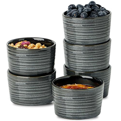 Hasense Ramekins 8 oz Oven Safe for Creme Brulee, Ceramic Souffle Dish Oven Safe Set of 6,Porcelain Dipping Sauce Bowls for Pudding, Creme Brulee, Souffle, Serving Dip, Custard, Ice Cream, Grey