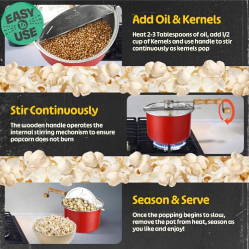 Great Northern Popcorn Stovetop Popcorn Maker, Red, 6.5-Quart