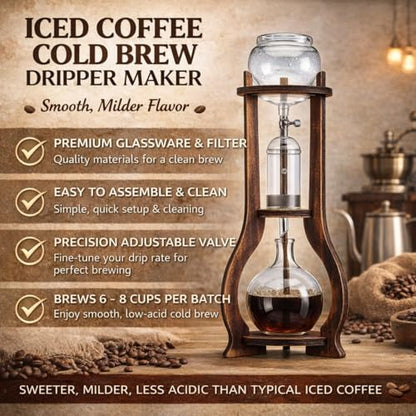 Nispira Iced Coffee Cold Brew Drip Tower Coffee Maker, 6–8 Cup Manual Cold Brew Brewer with Adjustable Valve, Wooden Frame & Glassware, Slow Cold Extraction System