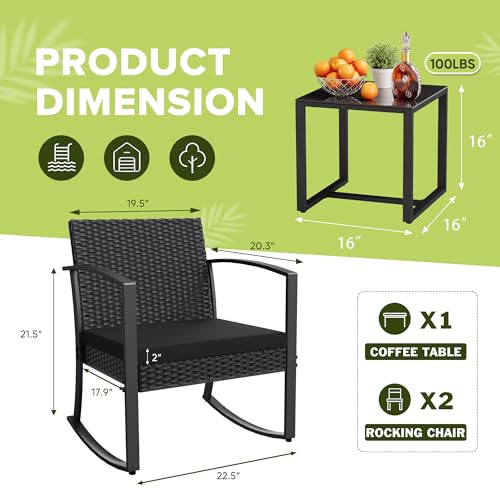 Homall Patio Furniture Set 3 Piece Resin Outdoor Bistro Set Rocking Patio Chairs with Cushions and Table for Porch, Poolside, Balcony and Yard (Black)