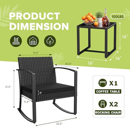 Homall Patio Furniture Set 3 Piece Resin Outdoor Bistro Set Rocking Patio Chairs with Cushions and Table for Porch, Poolside, Balcony and Yard (Black)