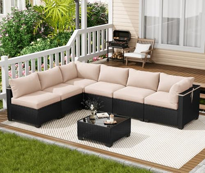 LOUVIXA 7 Piece Outdoor Patio Furniture Set, Outdoor Sectional Sofa, Wicker Rattan Patio Furniture, Patio Conversation Set with Coffee Table & Cushions