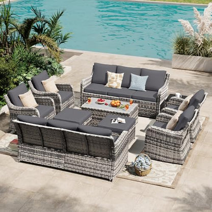 MEISSALIVVE Outdoor Patio Furniture Set with Swivel Chair, 10 Pieces Patio Conversation Set, Patio Sectional Furniture Set with 2 Three-seat Sofa, 2 Fixed Single Chair and Coffee Table (Grey)
