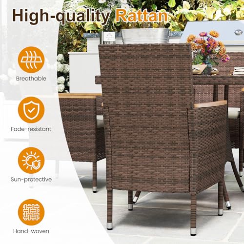 Wisteria Lane 10-Pieces Outdoor Patio Table and Chairs, Rattan Patio Table Set with Acacia Wood Tabletop, Patio Dining Furniture Set for 8 with Removable Cushions for Deck Garden Backyard, Brown