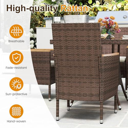 Wisteria Lane 10-Pieces Outdoor Patio Table and Chairs, Rattan Patio Table Set with Acacia Wood Tabletop, Patio Dining Furniture Set for 8 with Removable Cushions for Deck Garden Backyard, Brown