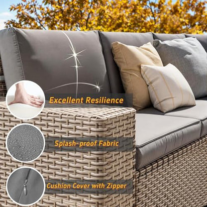 Aukreolis 10 Pieces Patio Furniture Set with Fire Pit Table, Outdoor Sectional Wicker Sofa with Thick Cushions, High Back Swivel Rocker Patio Chairs, Rattan Conversation Set with Coffee Table, Grey