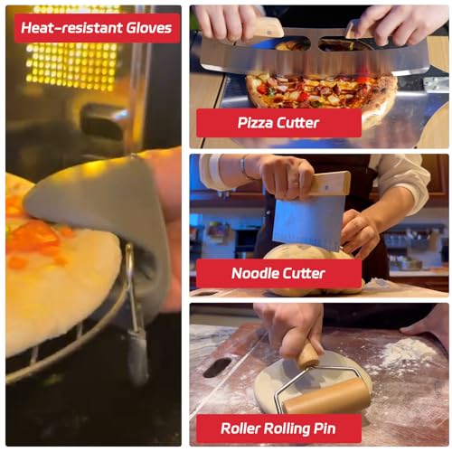 7PCS Pizza Oven Accessories Kit – Premium Pizza Making Tools Set for Home & Outdoor Ovens – Includes Pizza Peel, Oven Brush, Bubble Popper Turner, Rocker Cutter, Dough Roller & Scraper